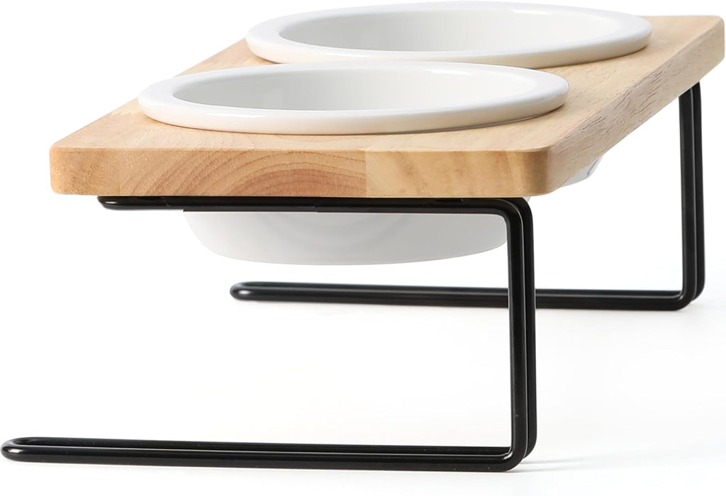 Elevated Cat Ceramic Bowls, Small Dog Raised Food Feeding Dishes, Solid Wood Water Stand Feeder Set for Cats and Puppy