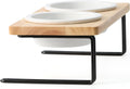 Elevated Cat Ceramic Bowls, Small Dog Raised Food Feeding Dishes, Solid Wood Water Stand Feeder Set for Cats and Puppy