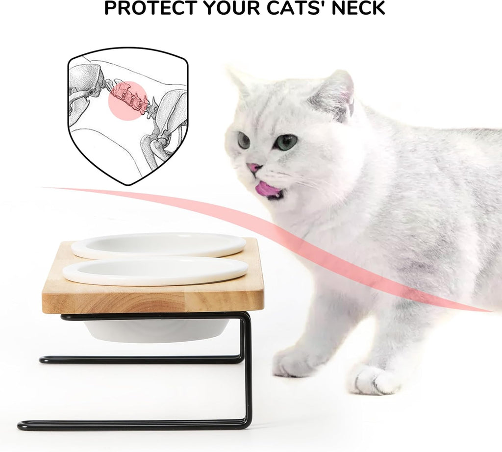 Elevated Cat Ceramic Bowls, Small Dog Raised Food Feeding Dishes, Solid Wood Water Stand Feeder Set for Cats and Puppy
